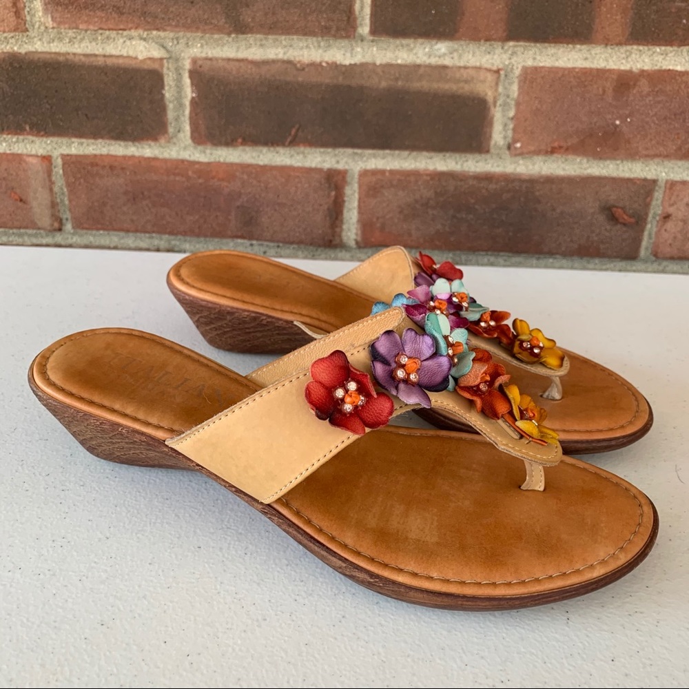 Italian shoemakers tan slide thong wedge sandals